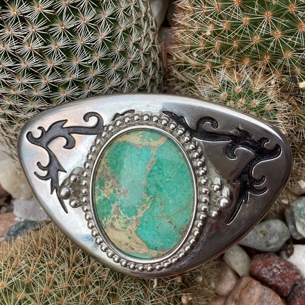 Vintage Unisex Western Boho Large Green Turquoise Stone Etched Metal Belt Buckle - Picture 6 of 13